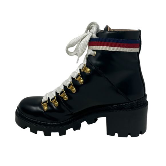 Gucci Boot Sylvie Web Stripe Leather Combat Black 8 - Picture 1 of 8